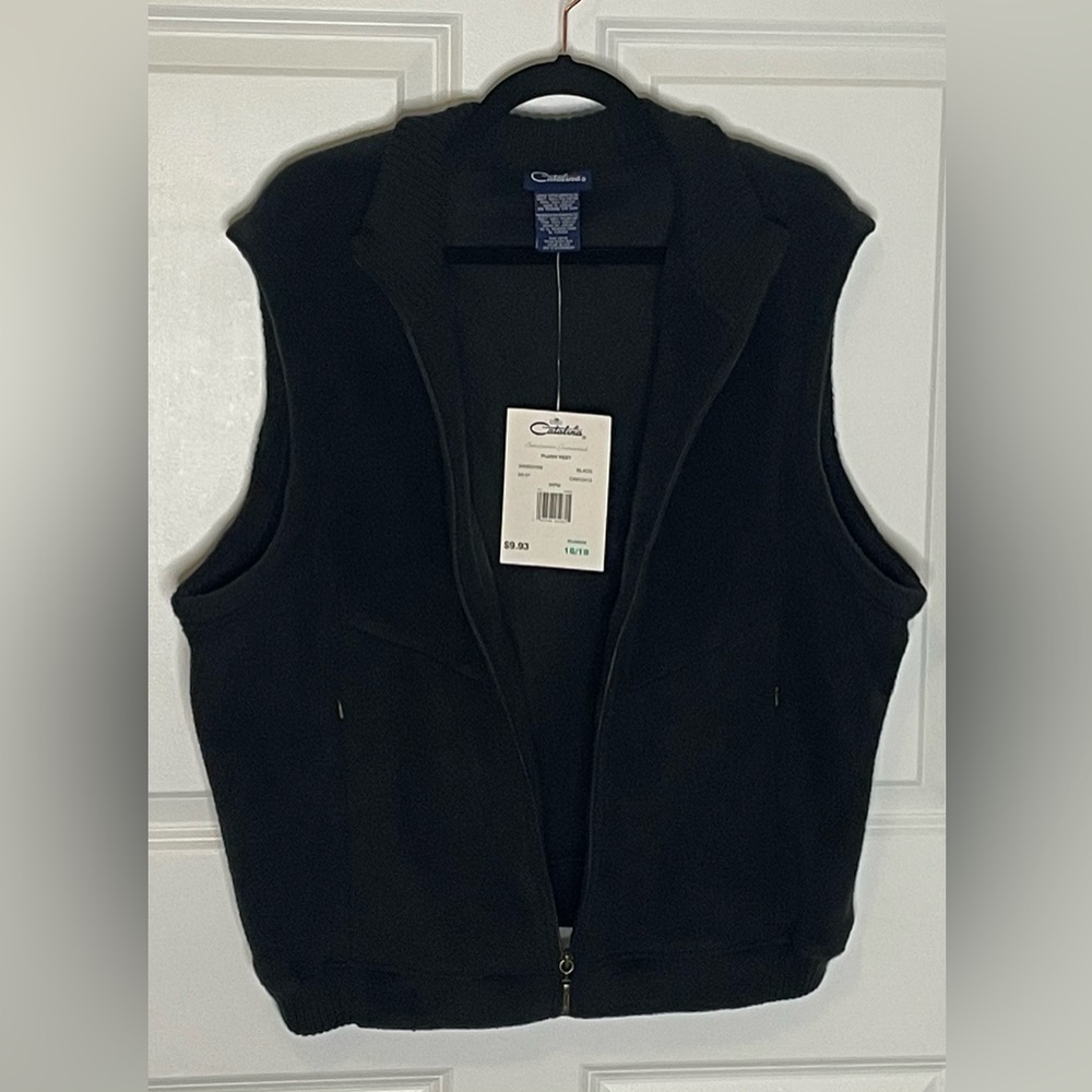 NOS Y2K Catalina Black Plush Fleece Zip Vest XL 16/18 NWT Pockets 2001